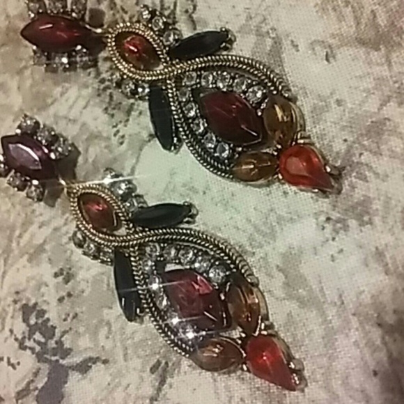 Chandelier Earrings Red Orange Crystal Rhinestone Vintage Glam Statement Pierced - Picture 2 of 5